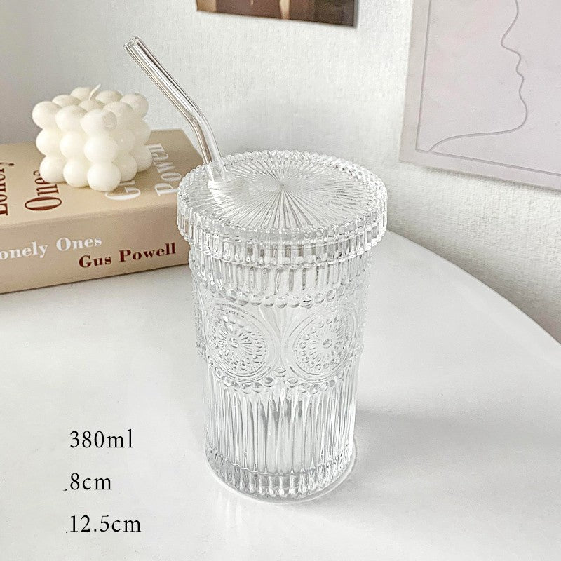 Retro Glass Embossed Sunflower Cup With Lid